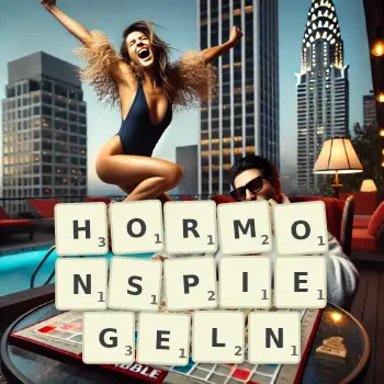 Kreative Illustration für ein Scrabble-Spiel, bei dem das Wort HORMONSPIEGELN mit Steinen auf dem Brett gelegt wurde.