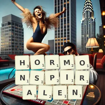 Kreative Illustration für ein Scrabble-Spiel, bei dem das Wort HORMONSPIRALEN mit Steinen auf dem Brett gelegt wurde.