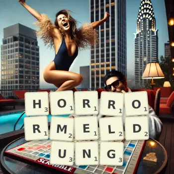 Kreative Illustration für ein Scrabble-Spiel, bei dem das Wort HORRORMELDUNG mit Steinen auf dem Brett gelegt wurde.