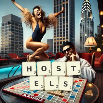 Kreative Illustration für ein Scrabble-Spiel, bei dem das Wort HOSTELS mit Steinen auf dem Brett gelegt wurde.