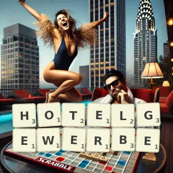 Kreative Illustration für ein Scrabble-Spiel, bei dem das Wort HOTELGEWERBE mit Steinen auf dem Brett gelegt wurde.