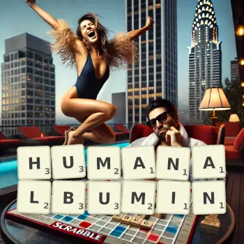 Kreative Illustration für ein Scrabble-Spiel, bei dem das Wort HUMANALBUMIN mit Steinen auf dem Brett gelegt wurde.