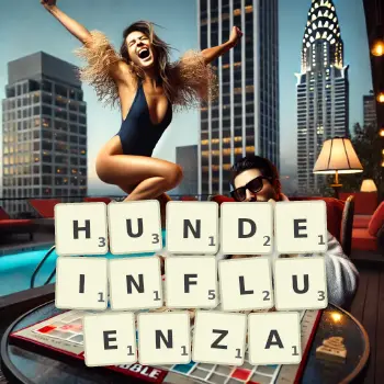 Kreative Illustration für ein Scrabble-Spiel, bei dem das Wort HUNDEINFLUENZA mit Steinen auf dem Brett gelegt wurde.