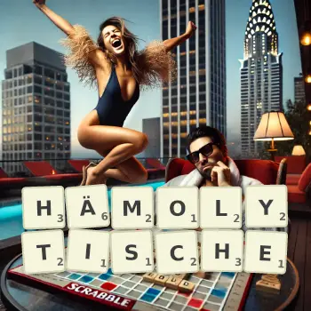 Kreative Illustration für ein Scrabble-Spiel, bei dem das Wort HÄMOLYTISCHE mit Steinen auf dem Brett gelegt wurde.