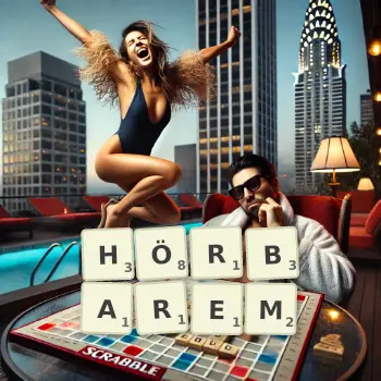 Kreative Illustration für ein Scrabble-Spiel, bei dem das Wort HÖRBAREM mit Steinen auf dem Brett gelegt wurde.