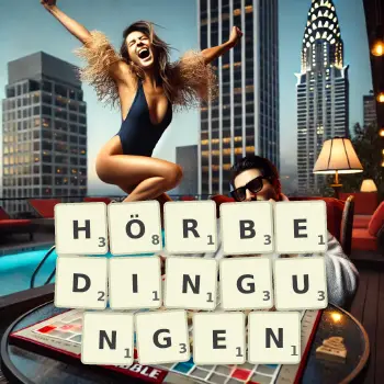 Kreative Illustration für ein Scrabble-Spiel, bei dem das Wort HÖRBEDINGUNGEN mit Steinen auf dem Brett gelegt wurde.