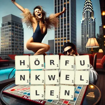 Kreative Illustration für ein Scrabble-Spiel, bei dem das Wort HÖRFUNKWELLEN mit Steinen auf dem Brett gelegt wurde.