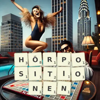 Kreative Illustration für ein Scrabble-Spiel, bei dem das Wort HÖRPOSITIONEN mit Steinen auf dem Brett gelegt wurde.