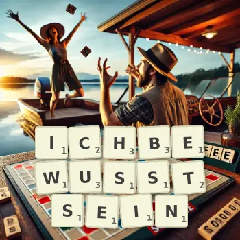 Kreative Illustration für ein Scrabble-Spiel, bei dem das Wort ICHBEWUSSTSEIN mit Steinen auf dem Brett gelegt wurde.
