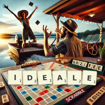Kreative Illustration für ein Scrabble-Spiel, bei dem das Wort IDEALE mit Steinen auf dem Brett gelegt wurde.