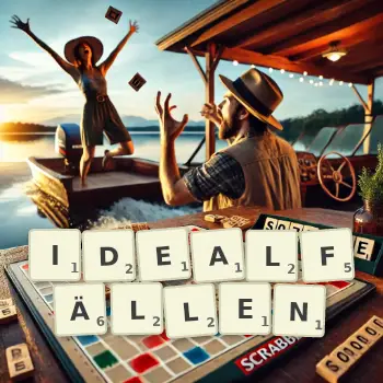 Kreative Illustration für ein Scrabble-Spiel, bei dem das Wort IDEALFÄLLEN mit Steinen auf dem Brett gelegt wurde.