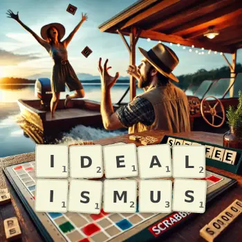 Kreative Illustration für ein Scrabble-Spiel, bei dem das Wort IDEALISMUS mit Steinen auf dem Brett gelegt wurde.