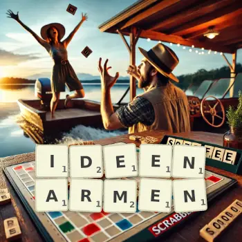 Kreative Illustration für ein Scrabble-Spiel, bei dem das Wort IDEENARMEN mit Steinen auf dem Brett gelegt wurde.