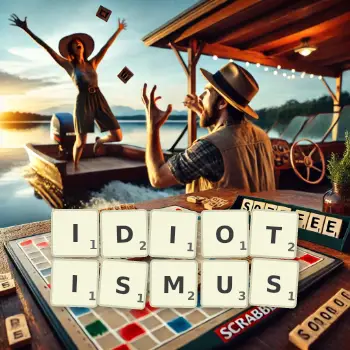 Kreative Illustration für ein Scrabble-Spiel, bei dem das Wort IDIOTISMUS mit Steinen auf dem Brett gelegt wurde.