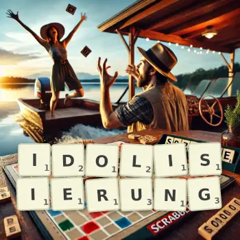 Kreative Illustration für ein Scrabble-Spiel, bei dem das Wort IDOLISIERUNG mit Steinen auf dem Brett gelegt wurde.