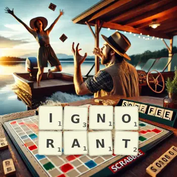 Kreative Illustration für ein Scrabble-Spiel, bei dem das Wort IGNORANT mit Steinen auf dem Brett gelegt wurde.