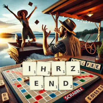 Kreative Illustration für ein Scrabble-Spiel, bei dem das Wort IHRZEND mit Steinen auf dem Brett gelegt wurde.