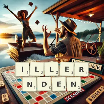 Kreative Illustration für ein Scrabble-Spiel, bei dem das Wort ILLERNDEN mit Steinen auf dem Brett gelegt wurde.