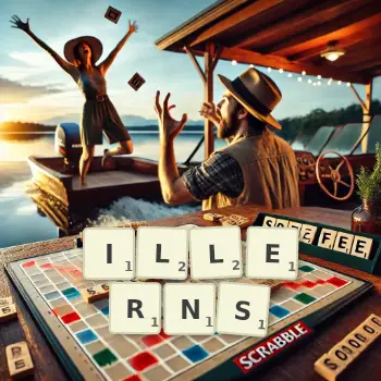 Kreative Illustration für ein Scrabble-Spiel, bei dem das Wort ILLERNS mit Steinen auf dem Brett gelegt wurde.