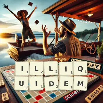 Kreative Illustration für ein Scrabble-Spiel, bei dem das Wort ILLIQUIDEM mit Steinen auf dem Brett gelegt wurde.