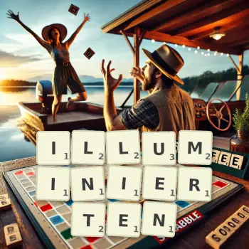 Kreative Illustration für ein Scrabble-Spiel, bei dem das Wort ILLUMINIERTEN mit Steinen auf dem Brett gelegt wurde.