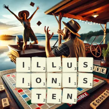 Kreative Illustration für ein Scrabble-Spiel, bei dem das Wort ILLUSIONISTEN mit Steinen auf dem Brett gelegt wurde.