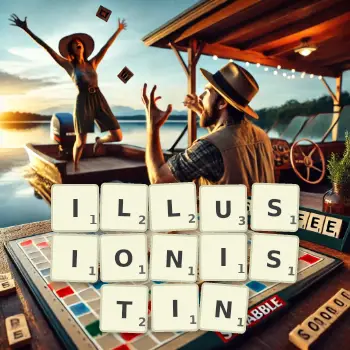 Kreative Illustration für ein Scrabble-Spiel, bei dem das Wort ILLUSIONISTIN mit Steinen auf dem Brett gelegt wurde.