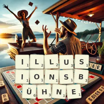 Kreative Illustration für ein Scrabble-Spiel, bei dem das Wort ILLUSIONSBÜHNE mit Steinen auf dem Brett gelegt wurde.