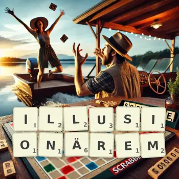 Kreative Illustration für ein Scrabble-Spiel, bei dem das Wort ILLUSIONÄREM mit Steinen auf dem Brett gelegt wurde.
