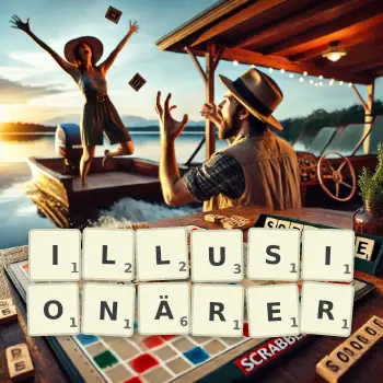 Kreative Illustration für ein Scrabble-Spiel, bei dem das Wort ILLUSIONÄRER mit Steinen auf dem Brett gelegt wurde.