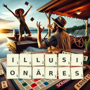 Kreative Illustration für ein Scrabble-Spiel, bei dem das Wort ILLUSIONÄRES mit Steinen auf dem Brett gelegt wurde.