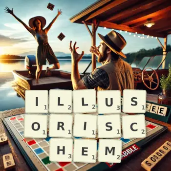 Kreative Illustration für ein Scrabble-Spiel, bei dem das Wort ILLUSORISCHEM mit Steinen auf dem Brett gelegt wurde.