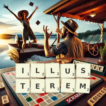 Kreative Illustration für ein Scrabble-Spiel, bei dem das Wort ILLUSTEREM mit Steinen auf dem Brett gelegt wurde.