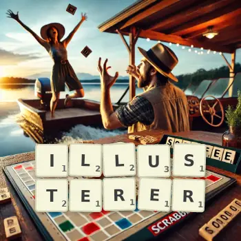 Kreative Illustration für ein Scrabble-Spiel, bei dem das Wort ILLUSTERER mit Steinen auf dem Brett gelegt wurde.