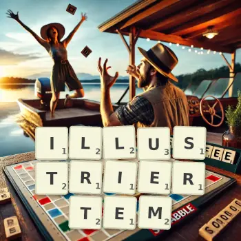 Kreative Illustration für ein Scrabble-Spiel, bei dem das Wort ILLUSTRIERTEM mit Steinen auf dem Brett gelegt wurde.