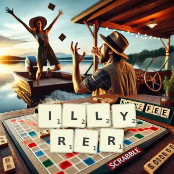 Kreative Illustration für ein Scrabble-Spiel, bei dem das Wort ILLYRER mit Steinen auf dem Brett gelegt wurde.