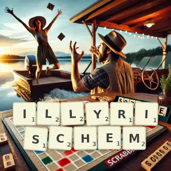 Kreative Illustration für ein Scrabble-Spiel, bei dem das Wort ILLYRISCHEM mit Steinen auf dem Brett gelegt wurde.