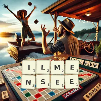 Kreative Illustration für ein Scrabble-Spiel, bei dem das Wort ILMENSEE mit Steinen auf dem Brett gelegt wurde.