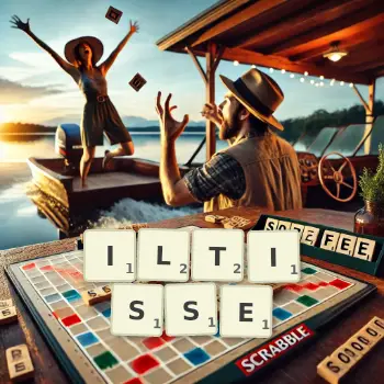 Kreative Illustration für ein Scrabble-Spiel, bei dem das Wort ILTISSE mit Steinen auf dem Brett gelegt wurde.