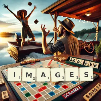 Kreative Illustration für ein Scrabble-Spiel, bei dem das Wort IMAGES mit Steinen auf dem Brett gelegt wurde.