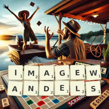 Kreative Illustration für ein Scrabble-Spiel, bei dem das Wort IMAGEWANDELS mit Steinen auf dem Brett gelegt wurde.