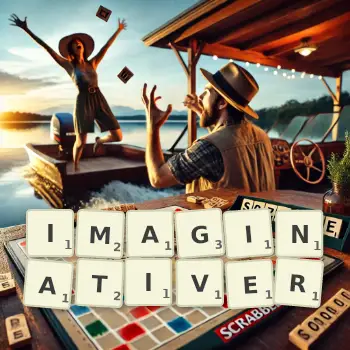 Kreative Illustration für ein Scrabble-Spiel, bei dem das Wort IMAGINATIVER mit Steinen auf dem Brett gelegt wurde.