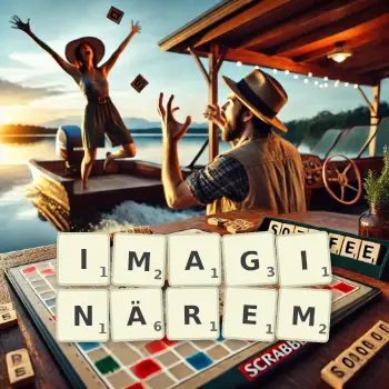 Kreative Illustration für ein Scrabble-Spiel, bei dem das Wort IMAGINÄREM mit Steinen auf dem Brett gelegt wurde.