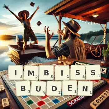 Kreative Illustration für ein Scrabble-Spiel, bei dem das Wort IMBISSBUDEN mit Steinen auf dem Brett gelegt wurde.