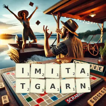 Kreative Illustration für ein Scrabble-Spiel, bei dem das Wort IMITATGARN mit Steinen auf dem Brett gelegt wurde.