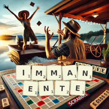 Kreative Illustration für ein Scrabble-Spiel, bei dem das Wort IMMANENTE mit Steinen auf dem Brett gelegt wurde.