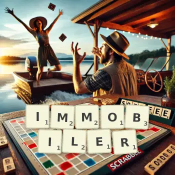Kreative Illustration für ein Scrabble-Spiel, bei dem das Wort IMMOBILER mit Steinen auf dem Brett gelegt wurde.