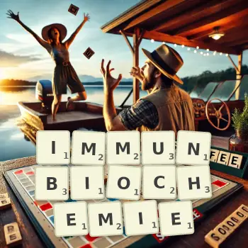 Kreative Illustration für ein Scrabble-Spiel, bei dem das Wort IMMUNBIOCHEMIE mit Steinen auf dem Brett gelegt wurde.