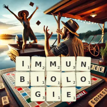 Kreative Illustration für ein Scrabble-Spiel, bei dem das Wort IMMUNBIOLOGIE mit Steinen auf dem Brett gelegt wurde.