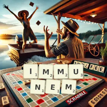 Kreative Illustration für ein Scrabble-Spiel, bei dem das Wort IMMUNEM mit Steinen auf dem Brett gelegt wurde.